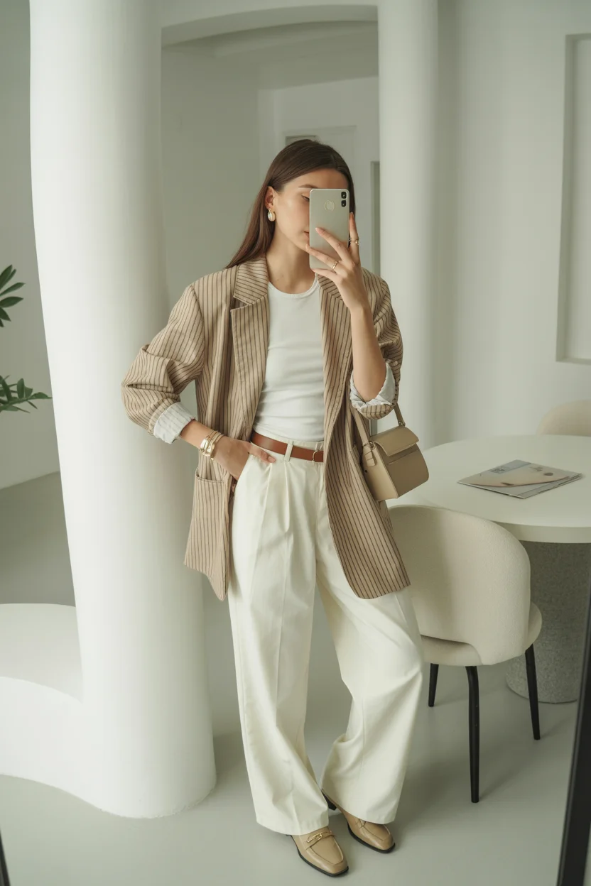 summer business casual outfit for women 2026 Relaxed Tailoring with a Striped Blazer