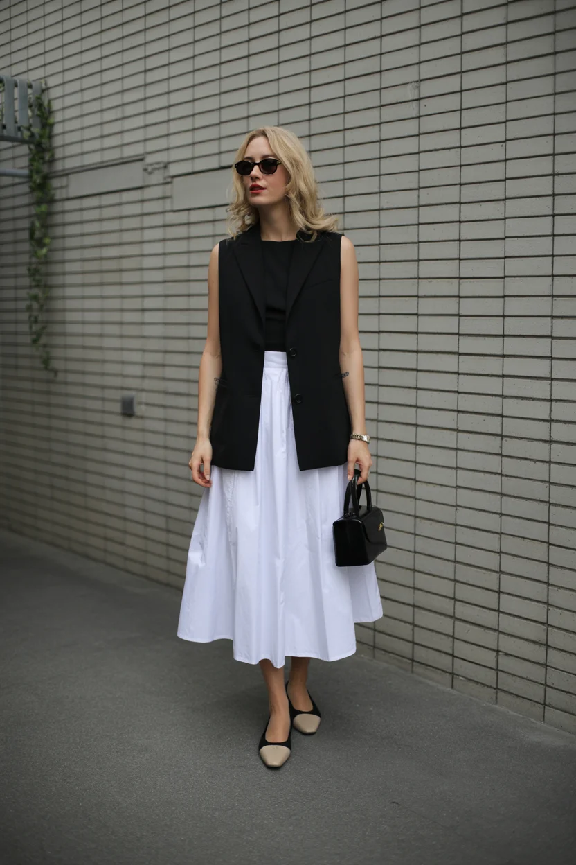 summer business casual outfit for women 2026 Modern Contrast with a Vest and Full Skirt