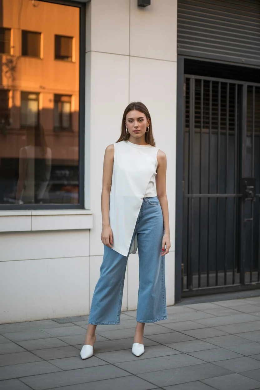 summer business casual outfit for women 2026 Casual Edge with an Asymmetric Top and Denim