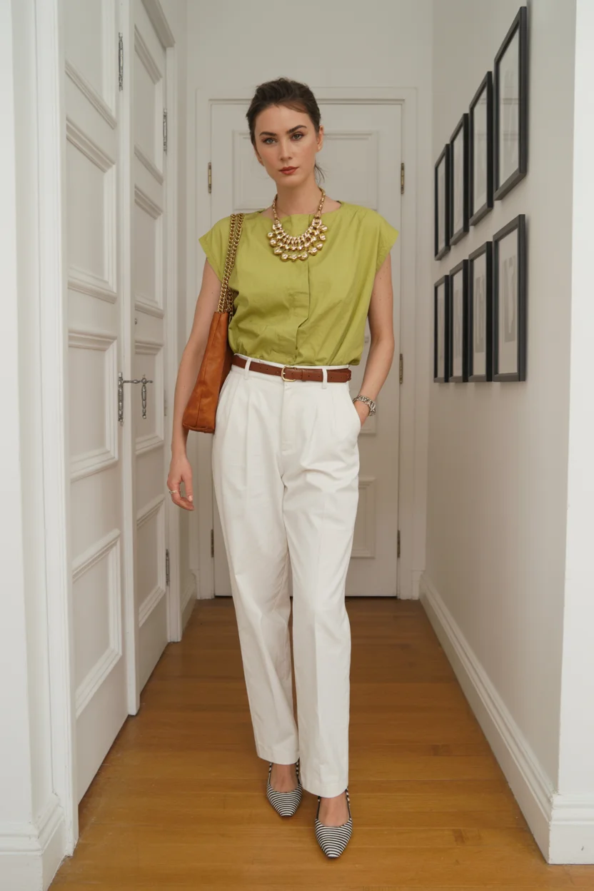 summer business casual outfit for women 2026 Fresh Contrast with a Lime Blouse and White Trousers