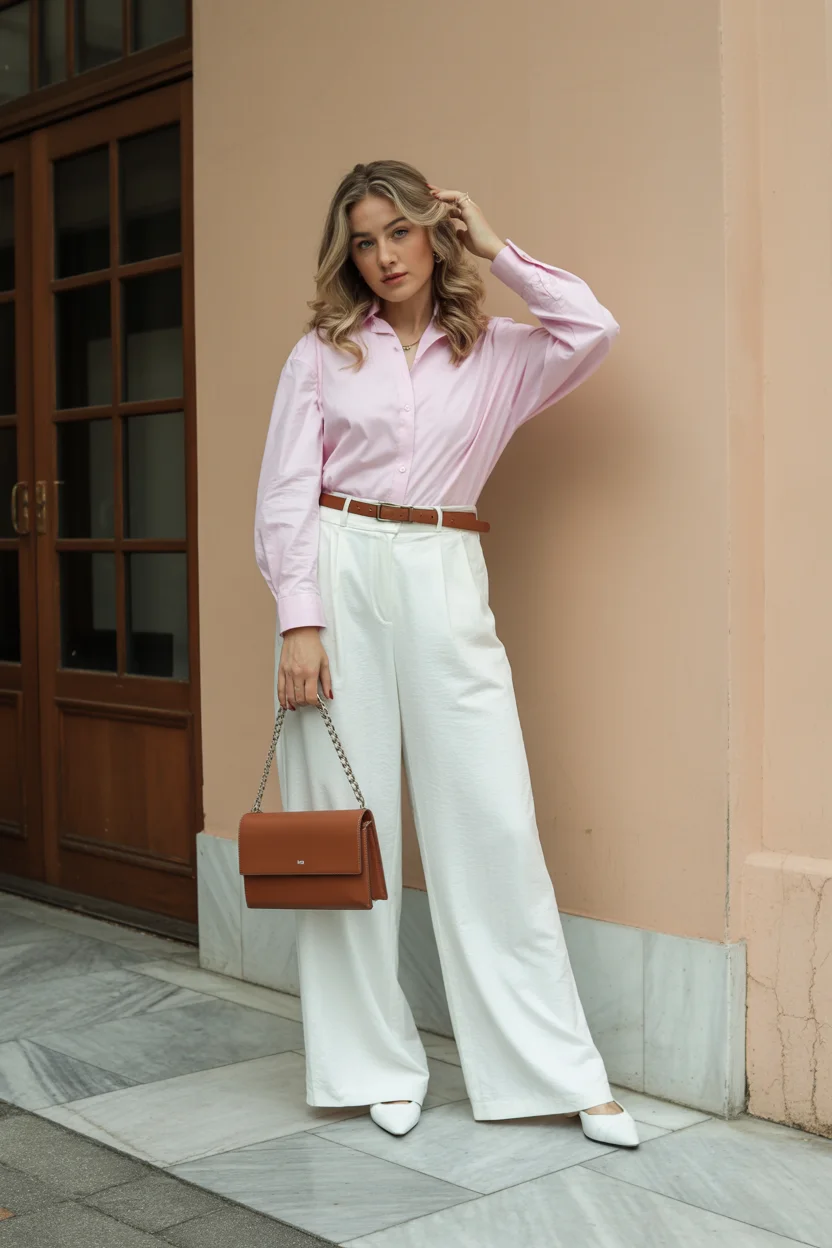 summer business casual outfit for women 2026 Soft Power with a Pink Shirt and Wide-Leg Trousers