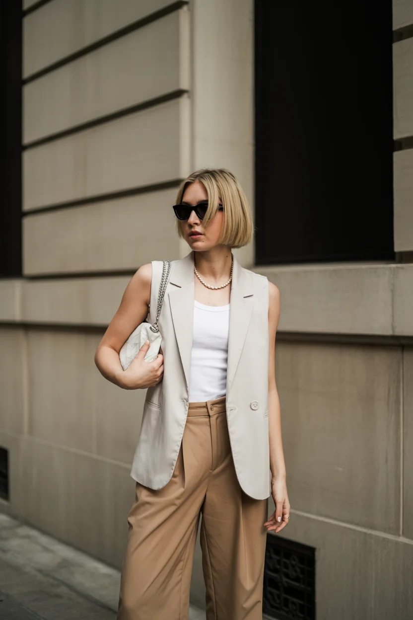 summer business casual outfit for women 2026 Minimalist Layers with a Sleeveless Blazer