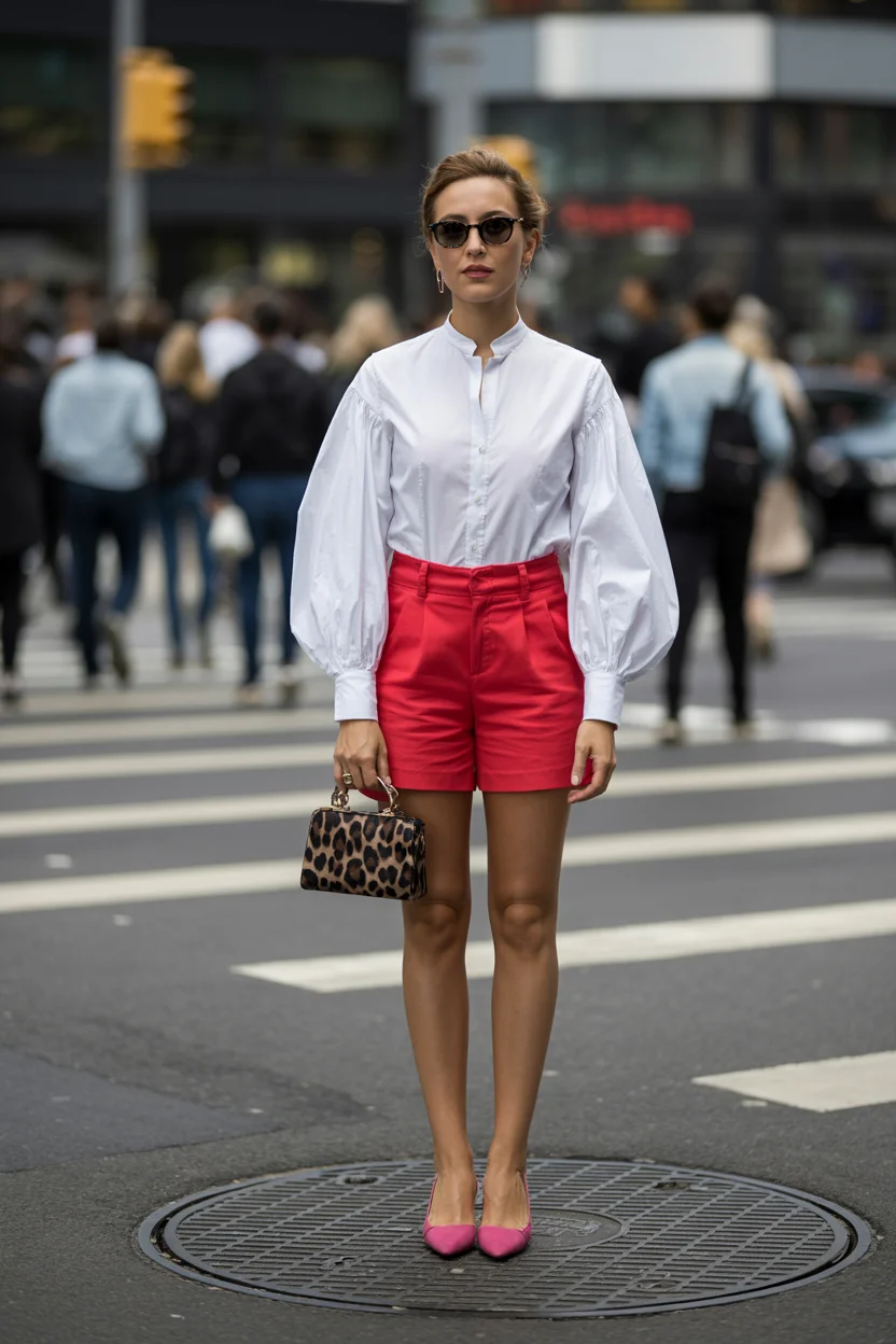 summer business casual outfit for women 2026 Sharp Contrast with Statement Shorts