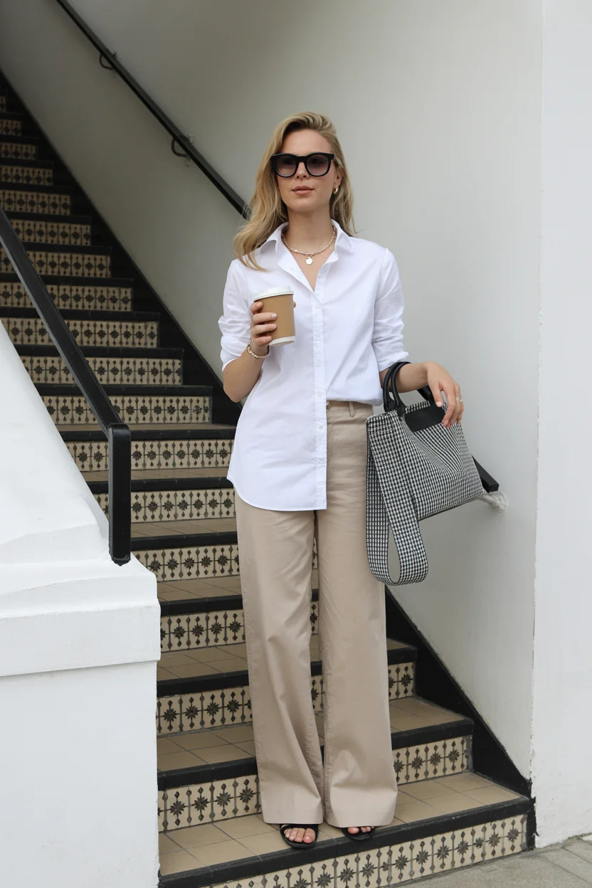 summer business casual outfit for women 2026 Classic White Shirt with Relaxed Neutral Trousers