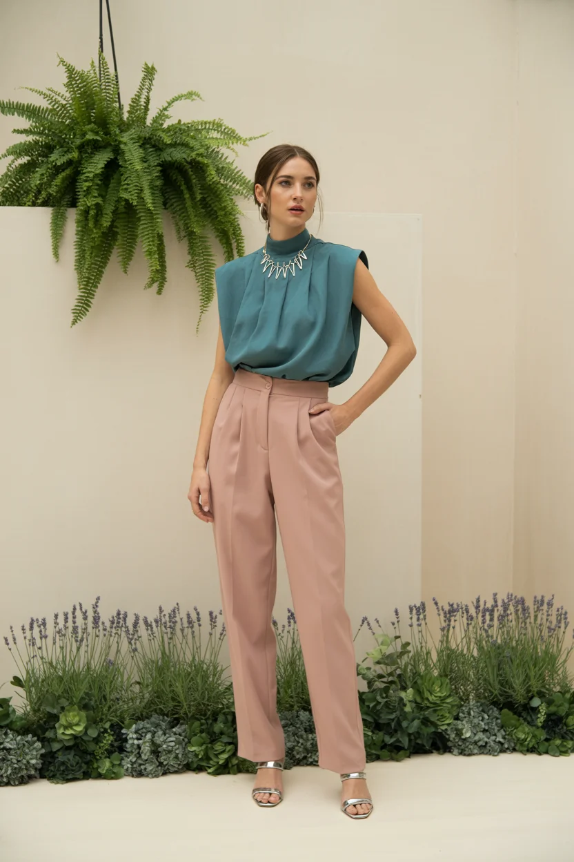 summer business casual outfit for women 2026 Muted Color Play with a Teal Blouse and Blush Trousers
