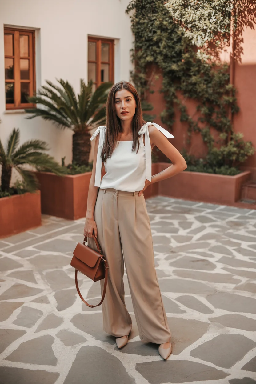 summer business casual outfit for women 2026 Soft Summer Minimalism with a Tie-Shoulder Top