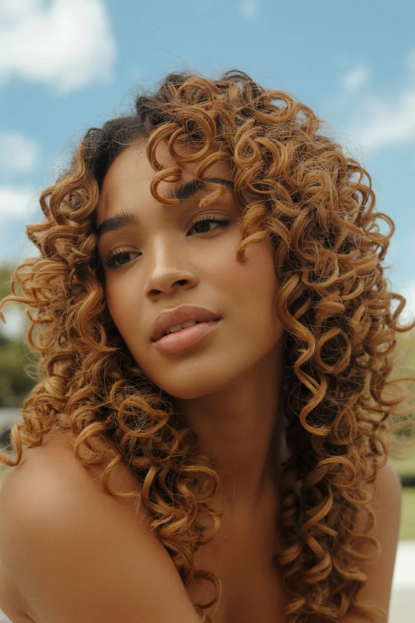 summer hair color for dark skin women 2026 Sunlit Caramel Curls That Move With You