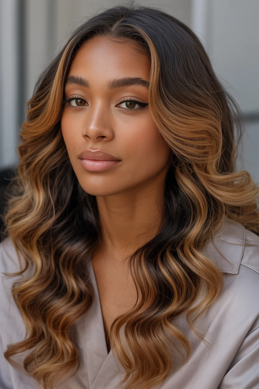 summer hair color for dark skin women 2026 Silky Honey Layers With Soft Face-Framing Light