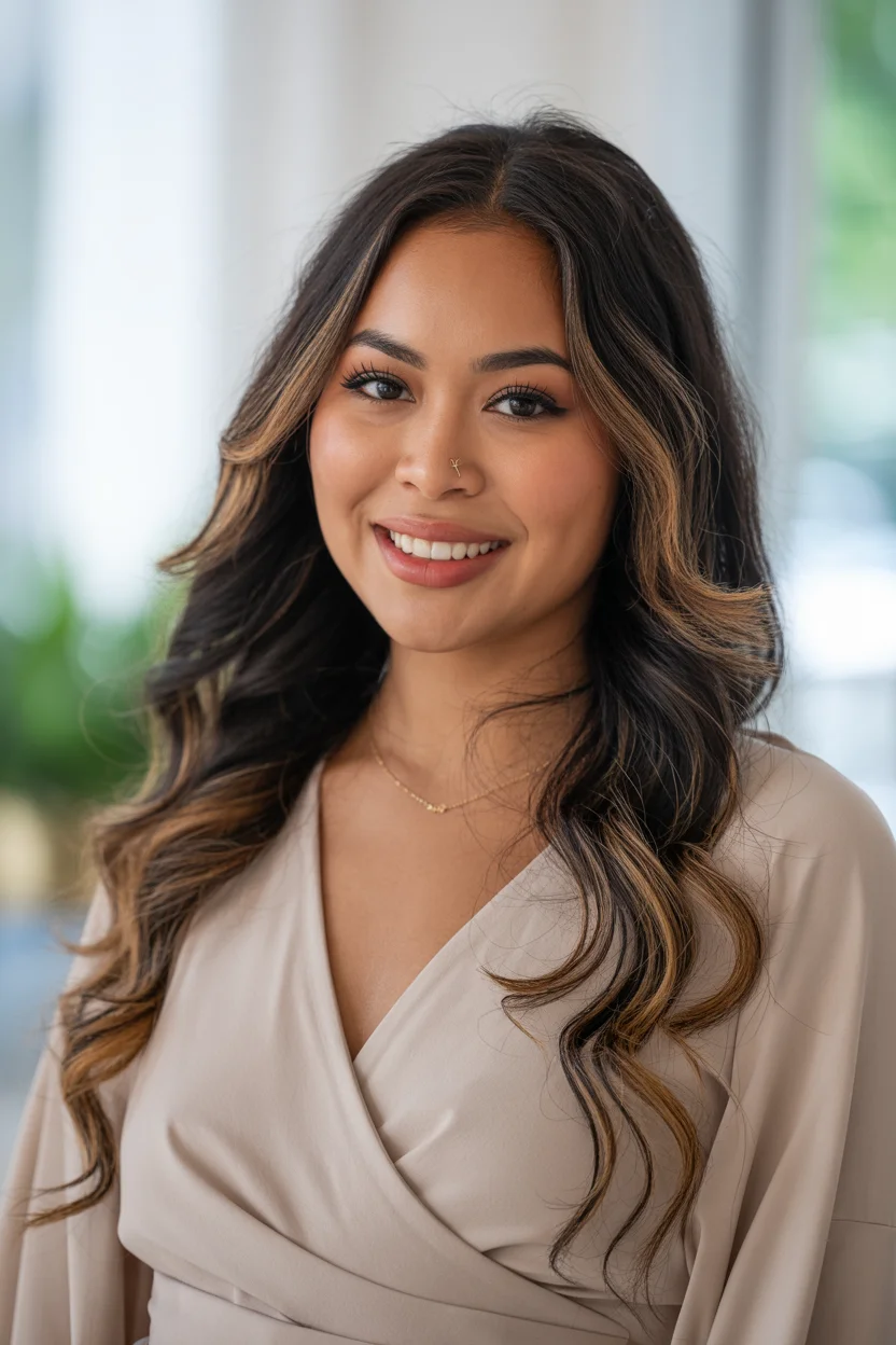 summer hair color for dark skin women 2026 Soft Brunette Layers With Subtle Caramel Ribbons