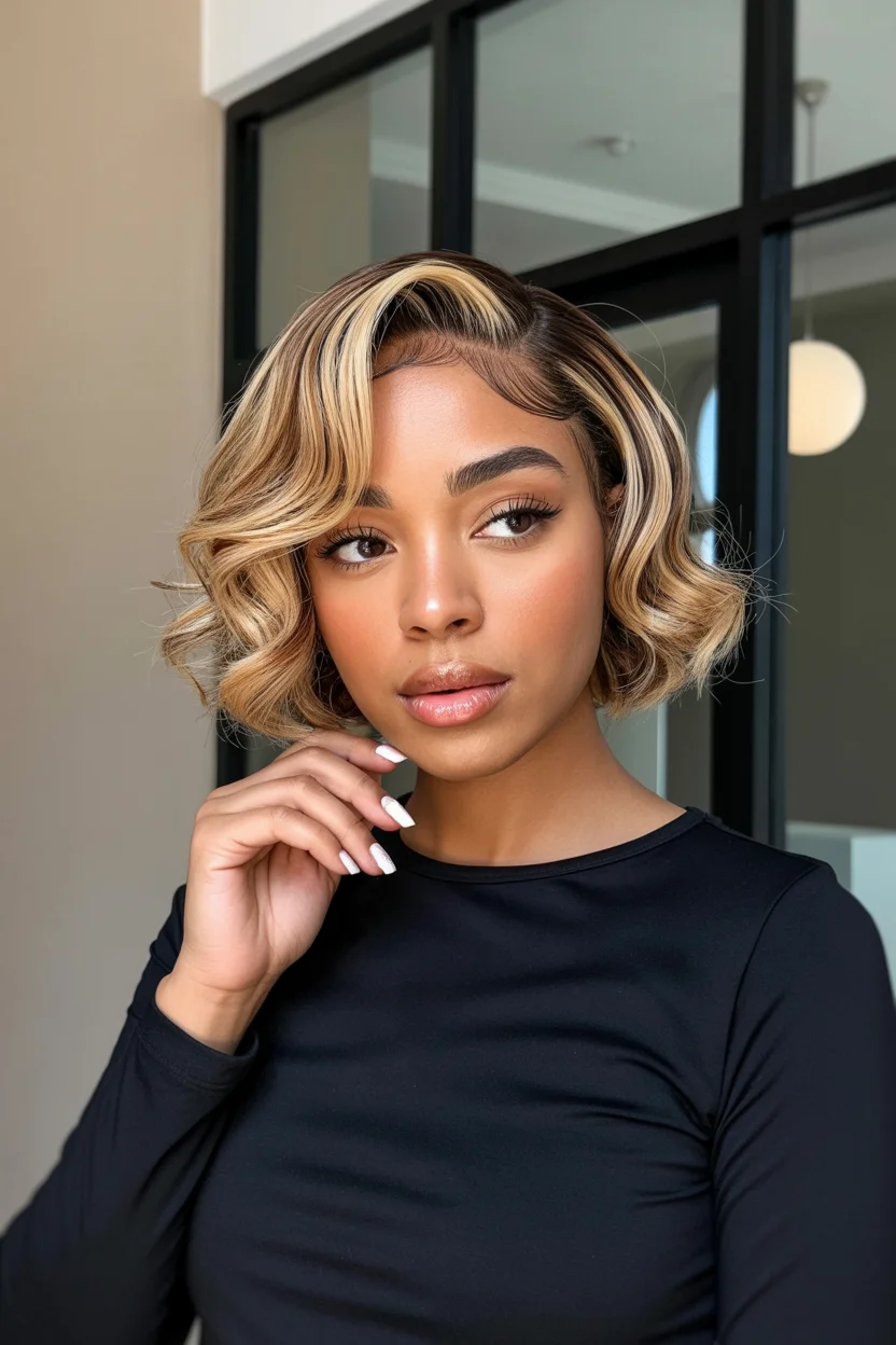 summer hair color for dark skin women 2026 Bold Blonde Contrast Bob With Defined Structure