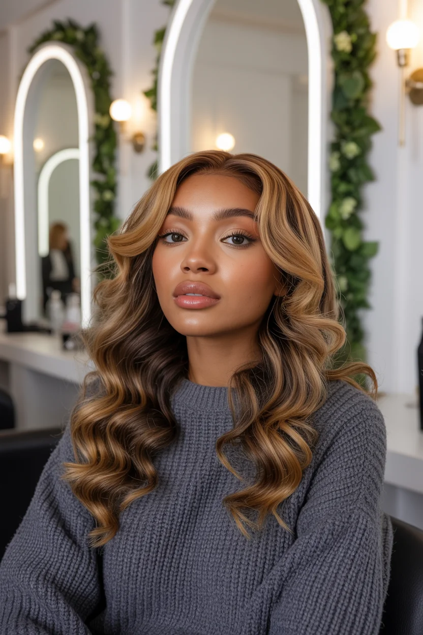 summer hair color for dark skin women 2026 Glossy Honey Waves With Salon Level Shine