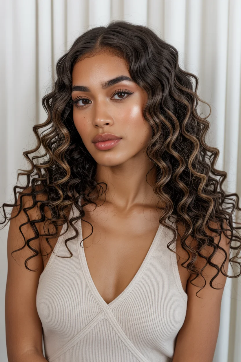 summer hair color for dark skin women 2026 Defined Chocolate Curls With Subtle Caramel Threads