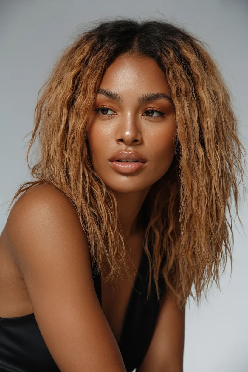 summer hair color for dark skin women 2026 Textured Honey Blonde Waves With Beachy Finish
