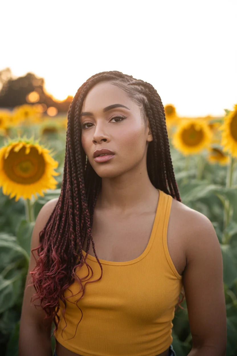 summer hair color for dark skin women 2026 Deep Burgundy Braids With a Sunset Edge