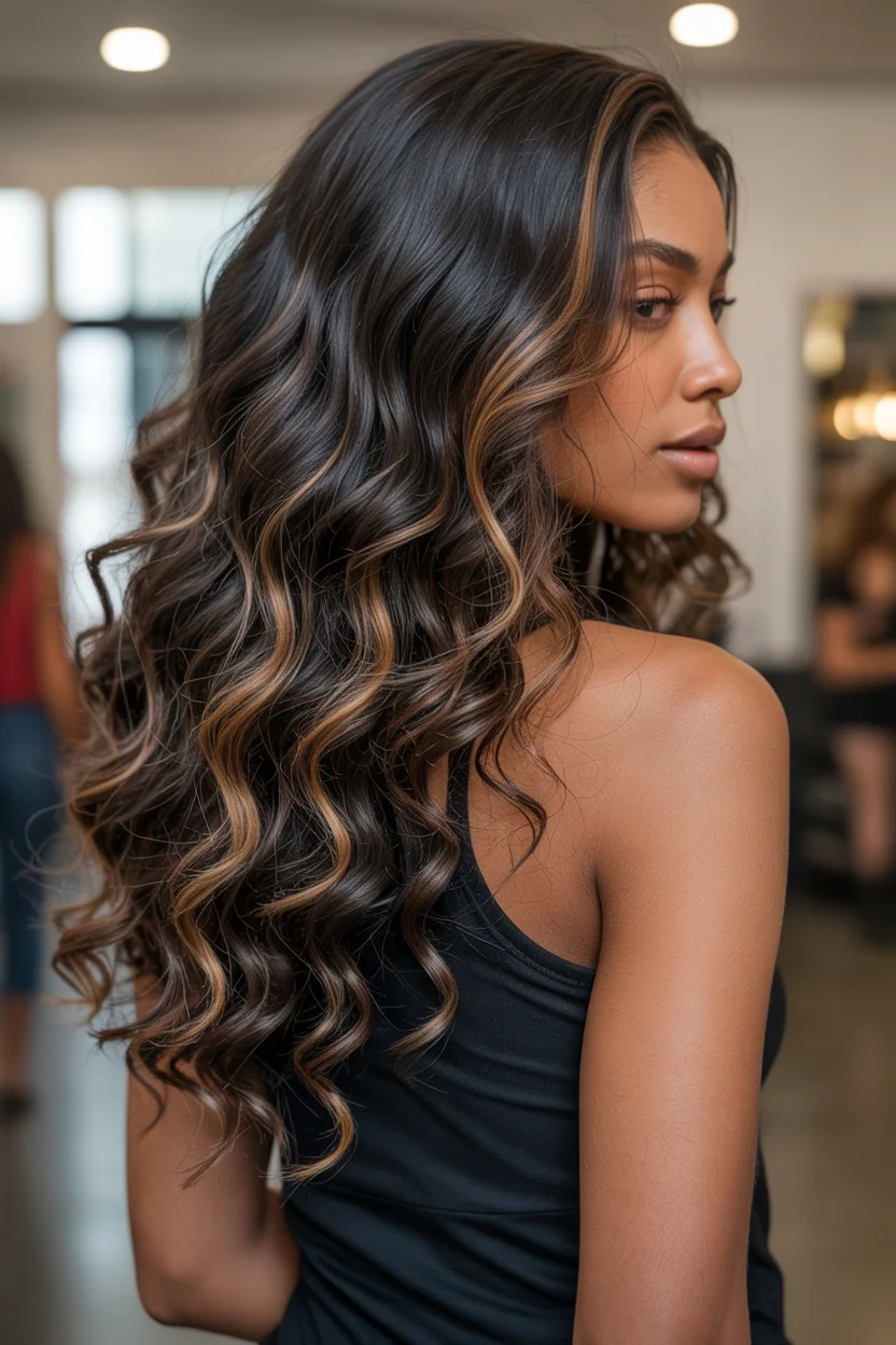 summer hair color for dark skin women 2026 Deep Brunette Waves With Fine Honey Dimension