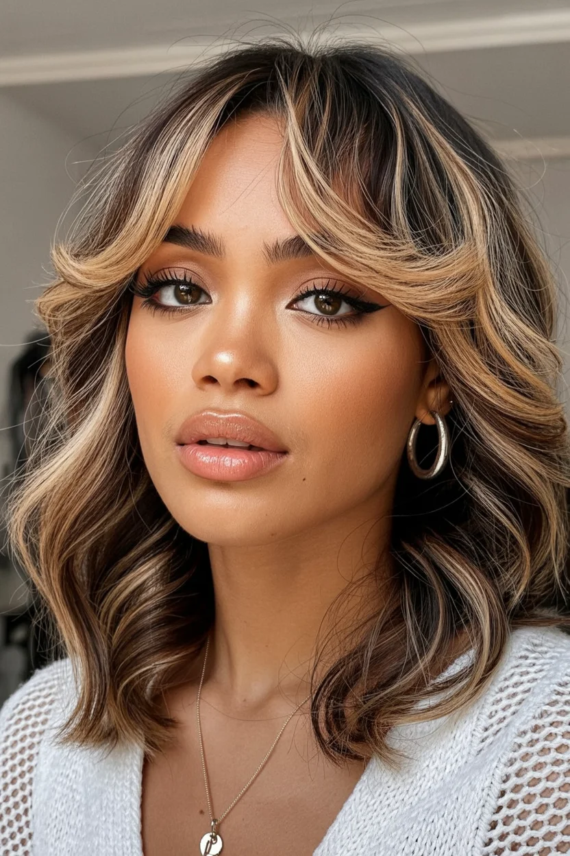 summer hair color for dark skin women 2026 Golden Ribbon Highlights on a Modern Lob