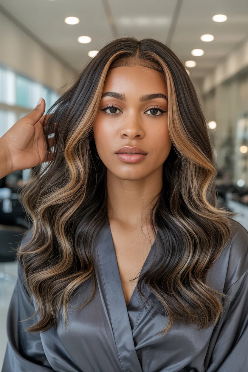 summer hair color for dark skin women 2026 Dimensional Brunette Waves With Seamless Balayage