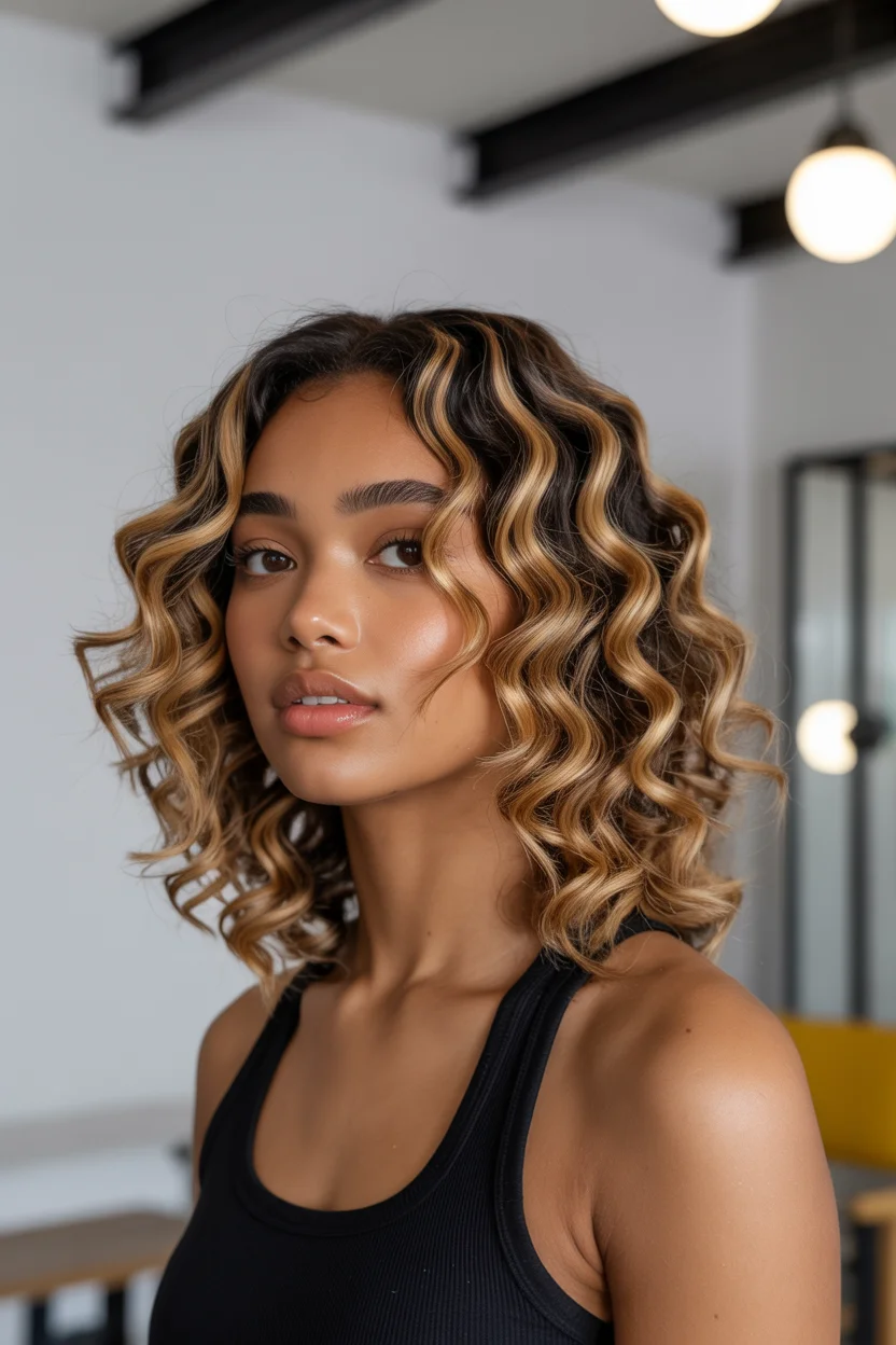 summer hair color for dark skin women 2026 Golden Sculpted Curls With High-Contrast Highlights