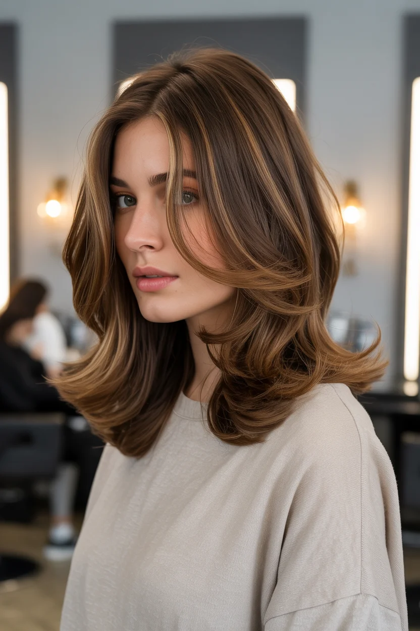summer hair color for tan skin women 2026 Warm Chestnut Blowout With Face Framing Glow
