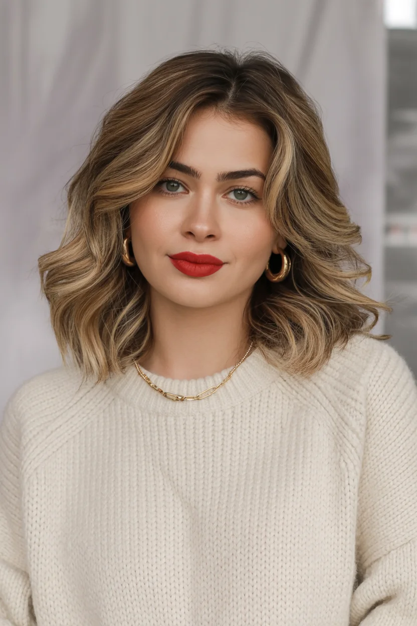 summer hair color for tan skin women 2026 Soft Beige Balayage Bob With Polished Volume