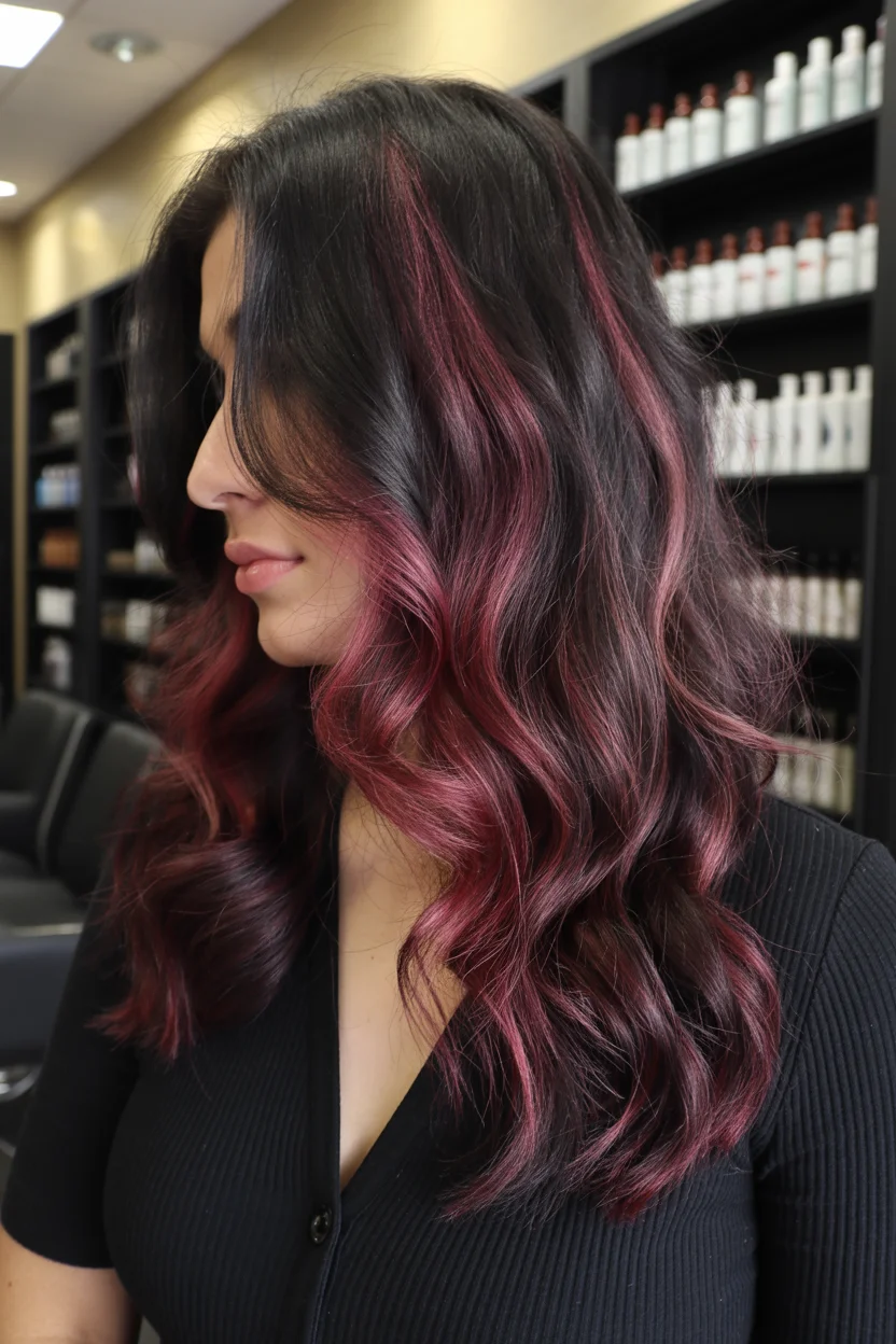 summer hair color for tan skin women 2026 Dark Espresso Waves With Raspberry Melt