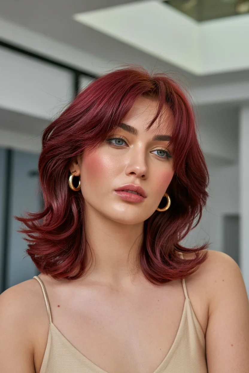 summer hair color for tan skin women 2026 Glossy Auburn Layers With Soft Retro Energy