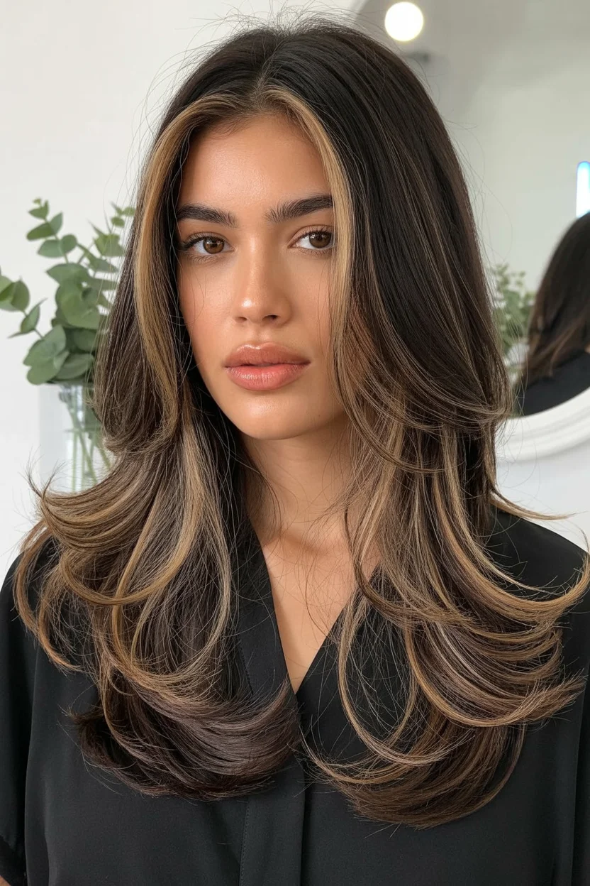 summer hair color for tan skin women 2026 Layered Brunette With Creamy Face Framing Highlights