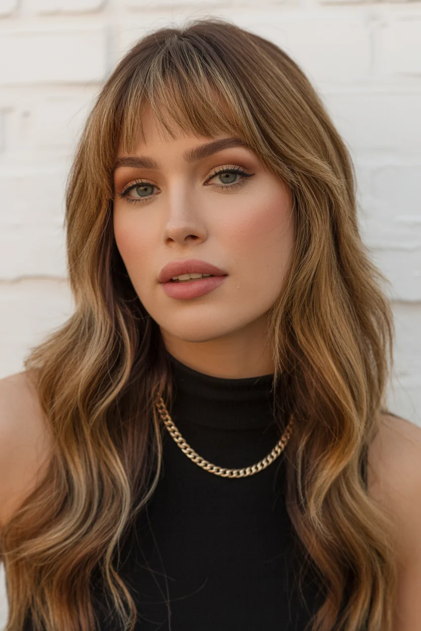 summer hair color for tan skin women 2026 Soft Caramel Waves With Wispy Fringe