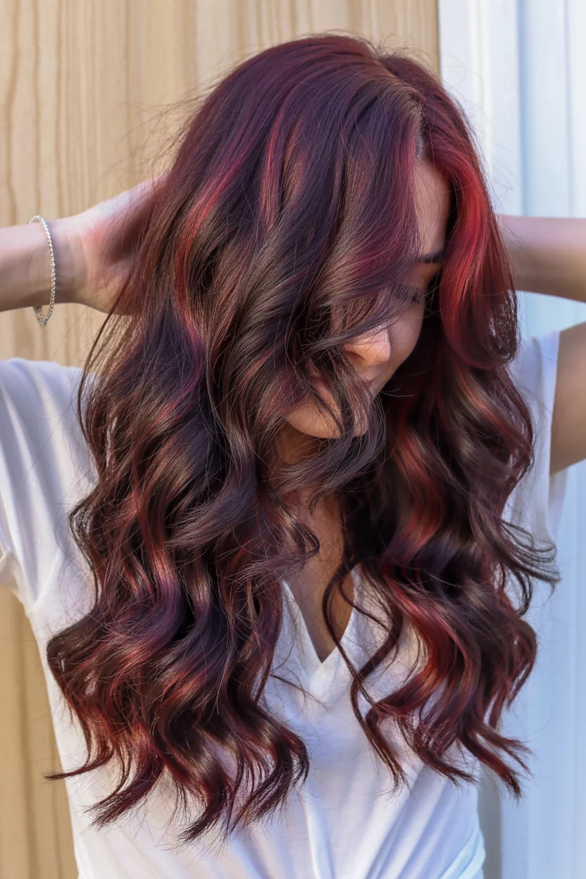 summer hair color for tan skin women 2026 Deep Cherry Chocolate With Flickers of Red Light