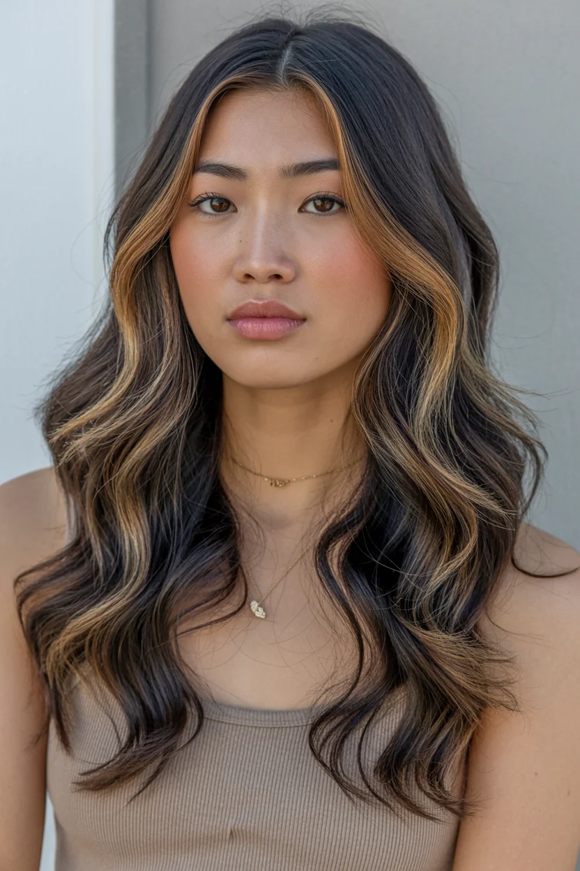 summer hair color for tan skin women 2026 Soft Mocha Waves With Delicate Face Highlights