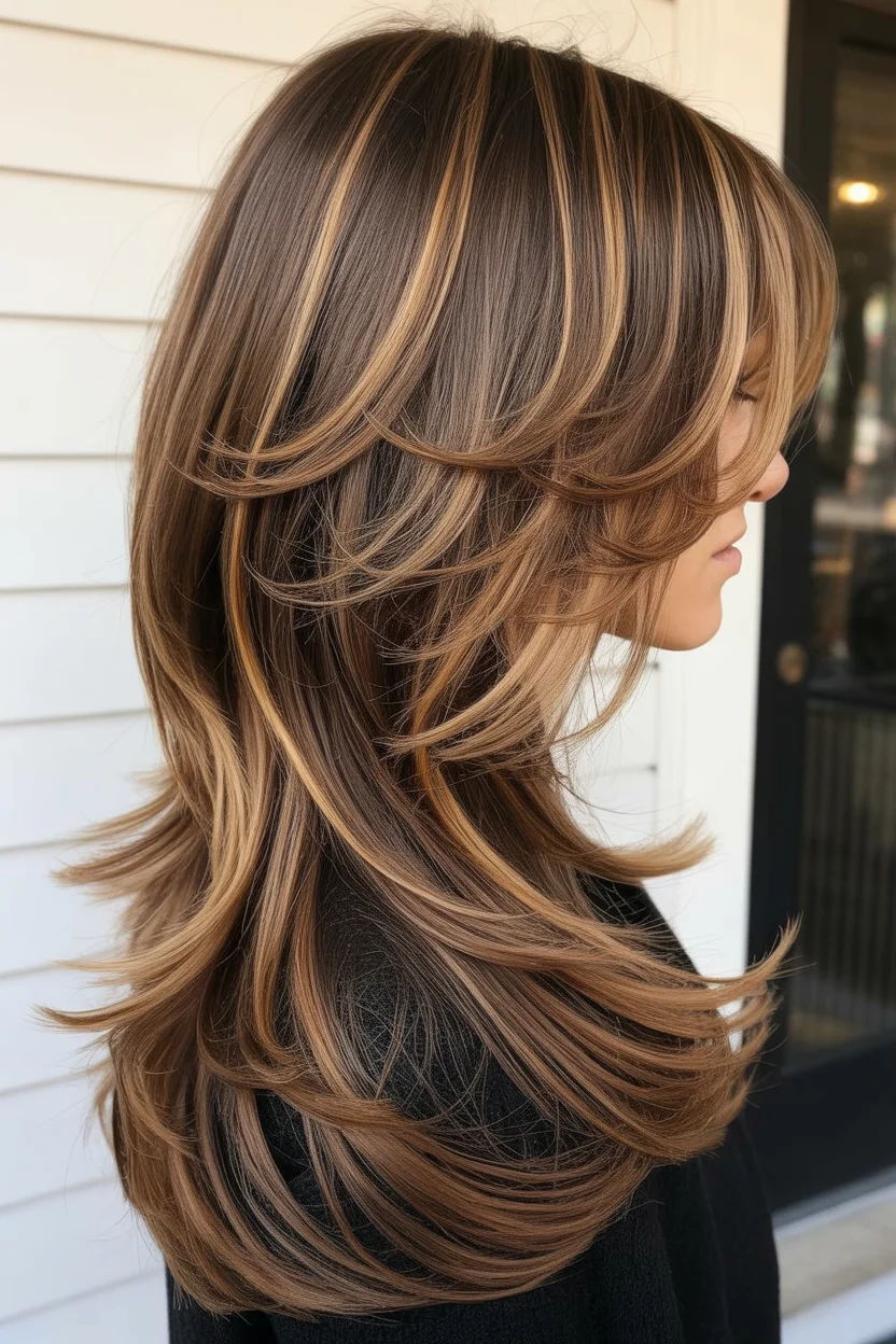 summer hair color for tan skin women 2026 Layered Toffee Brunette With Feathered Movement