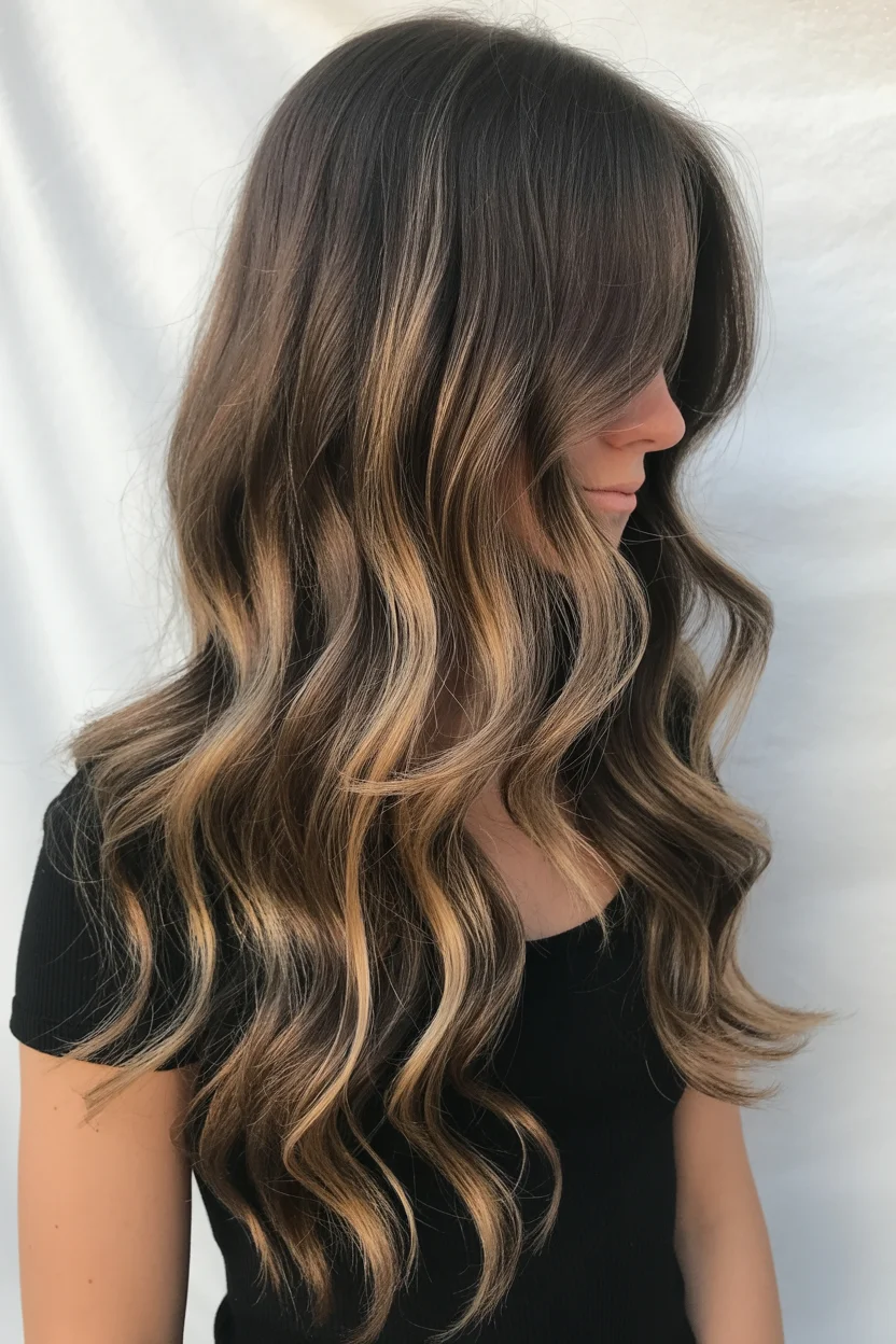 summer hair color for tan skin women 2026 Soft Espresso Waves With Blonde Ribbons
