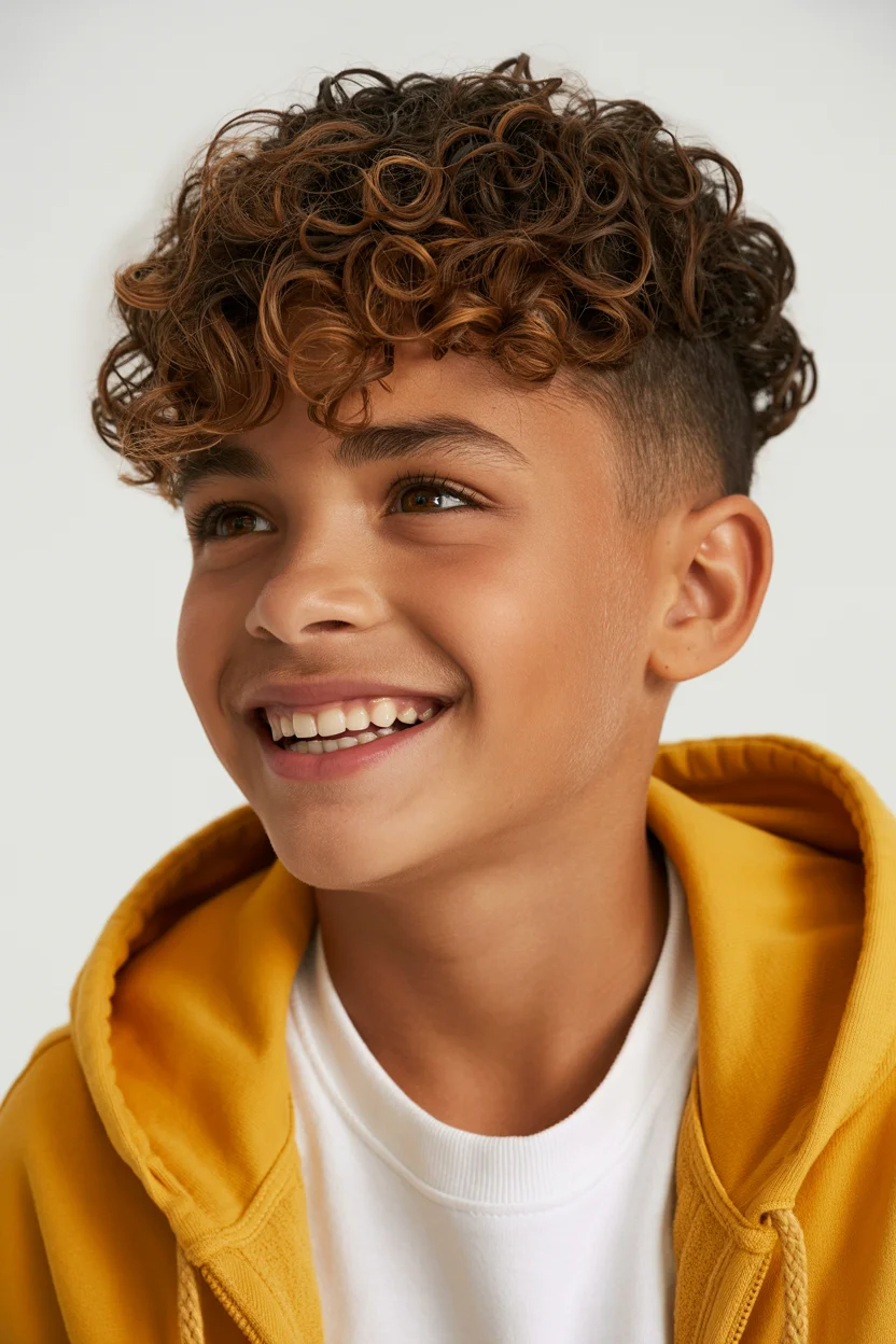 Summer haircuts for boys 2026 Curly Fade - The Playful Texture Contrast