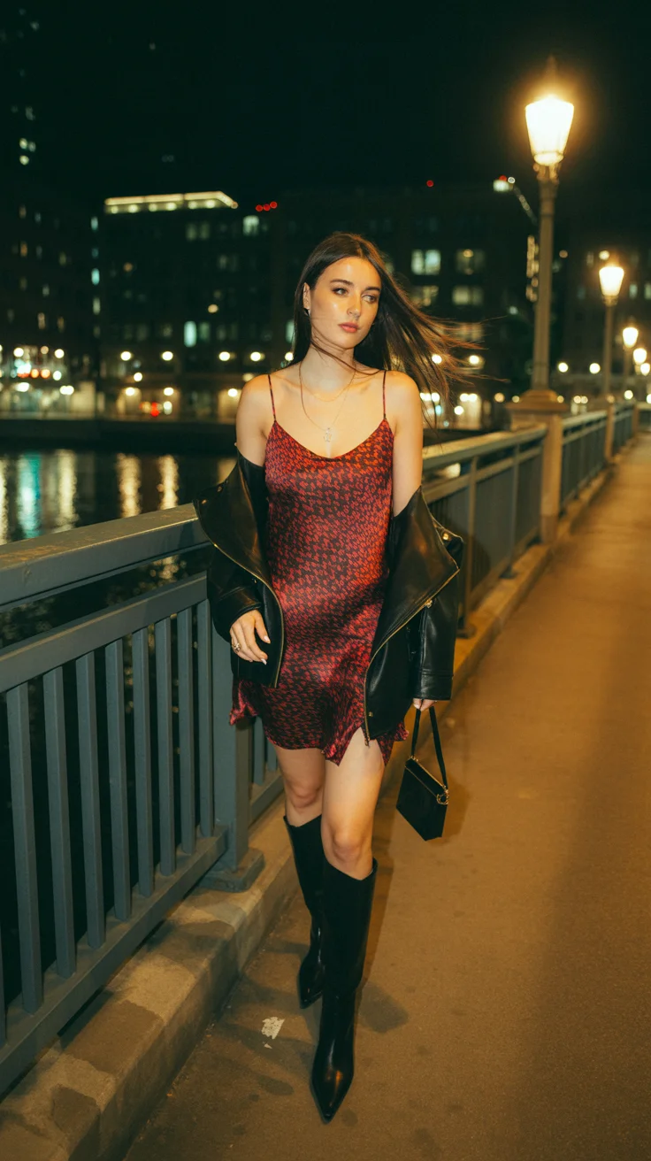 summer night going out outfits 2026 Nighttime Edge with a Slip Dress and Leather