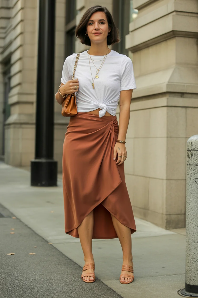 summer outfits for women 2026 Effortless Balance - The Tied Tee and Satin Skirt Formula