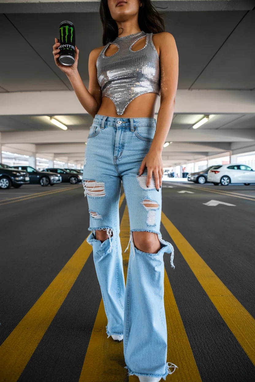 summer rave outfit for women 2026 Distressed Denim and High Shine Edge