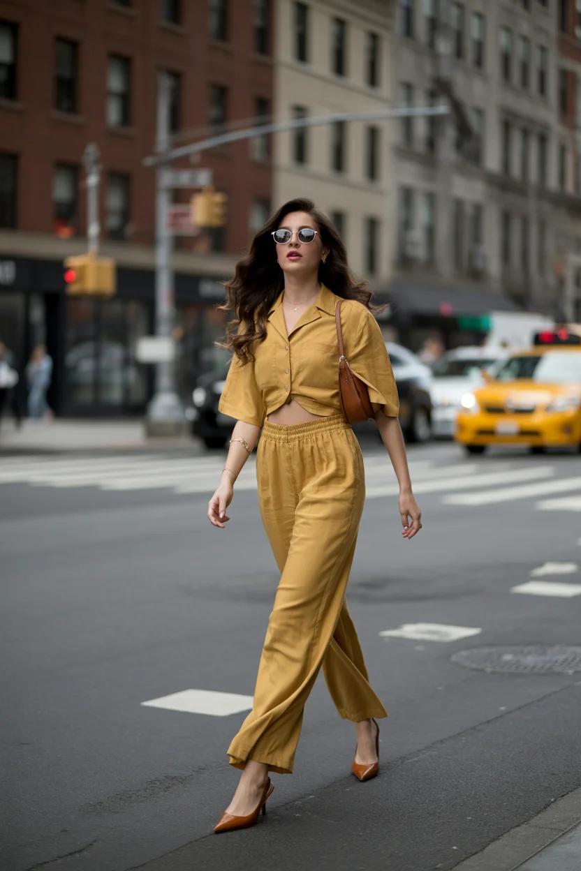 summer set outfits for women 2026 Warm Mustard Tones That Turn the City Into Your Runway