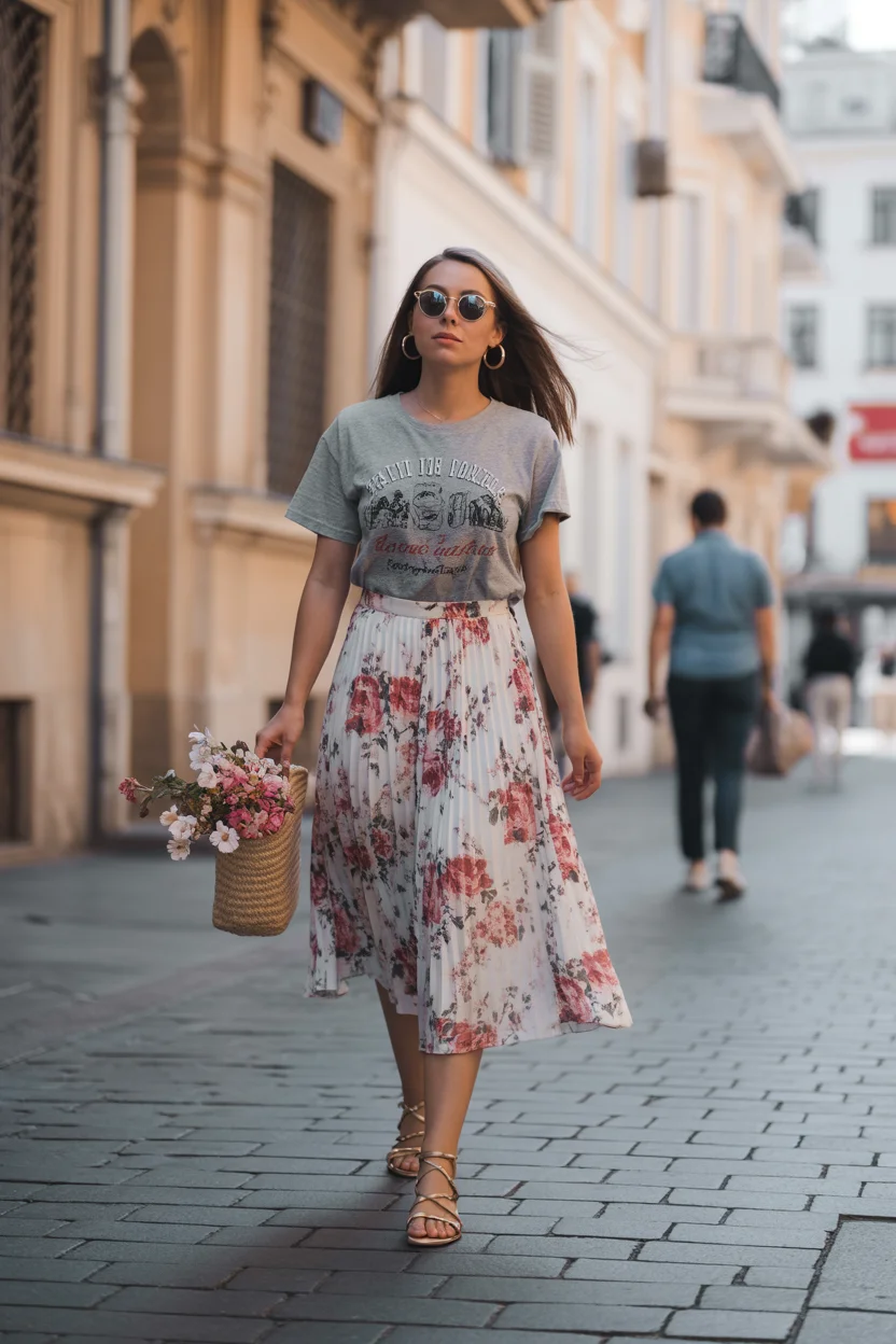 summer skirt outfits 2026 Graphic Tees and Romantic Skirts The Unexpected Combo