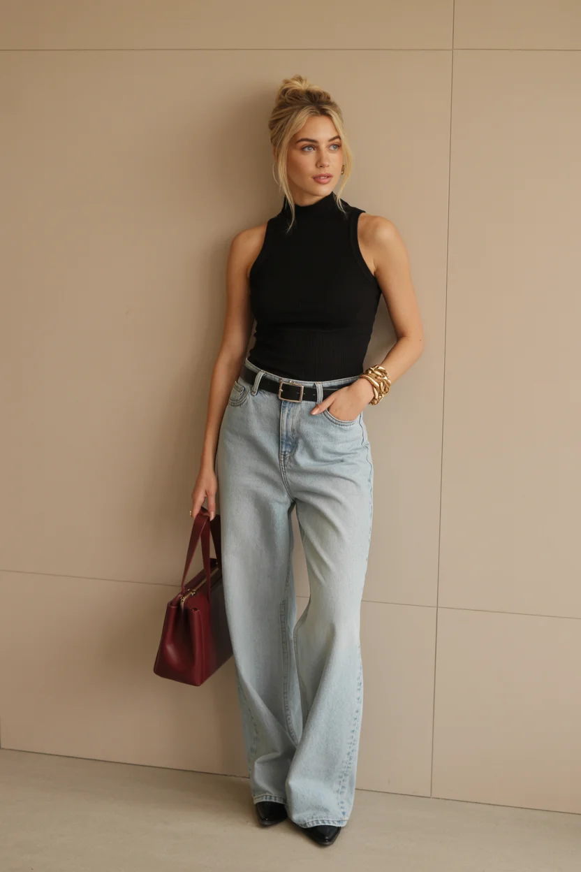 summer sleeveless tops for women 2026 Minimal Black Tank and Loose Denim
