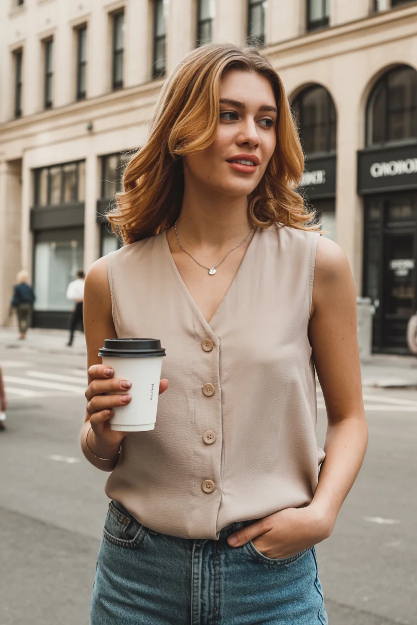 summer sleeveless tops for women 2026 Button-Front Sleeveless Blouse - Soft Tailoring for Daily Wear