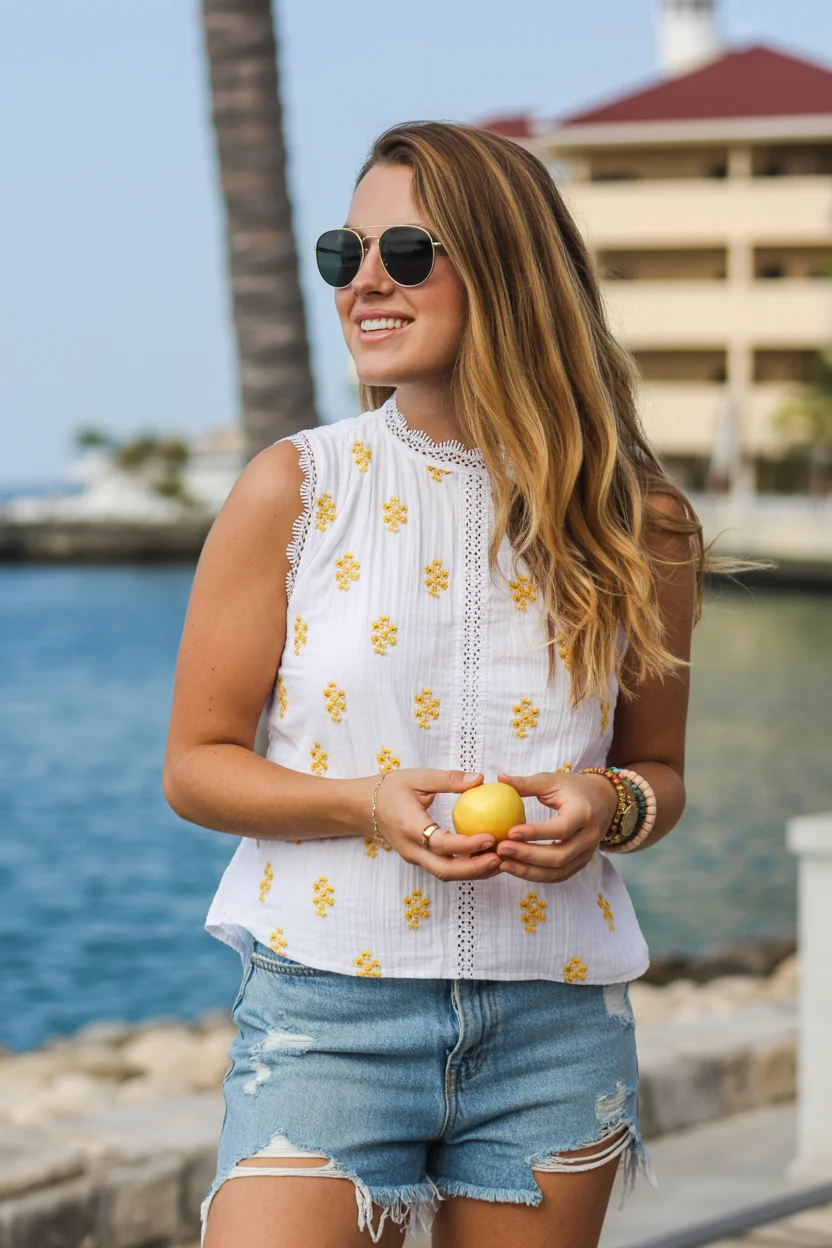 summer sleeveless tops for women 2026 Embroidered Sleeveless Blouse - Light Texture with a Hint of Playfulness