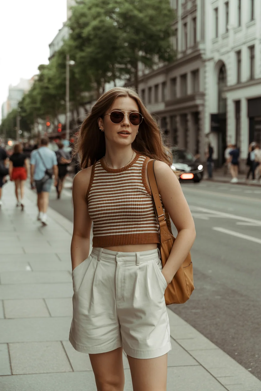 summer sleeveless tops for women 2026 Striped Sleeveless Knit and Tailored Shorts