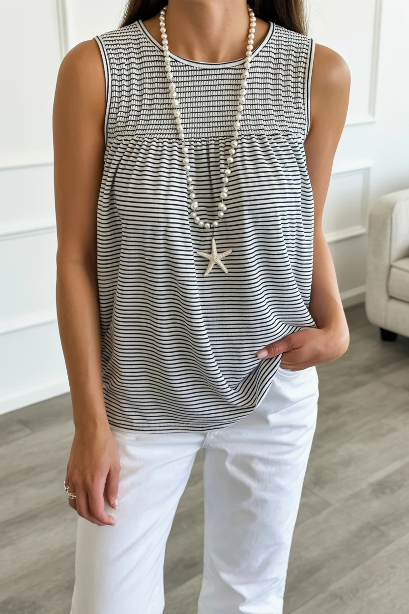 summer sleeveless tops for women 2026 Striped Sleeveless Tank with Texture - Casual, But Thoughtful