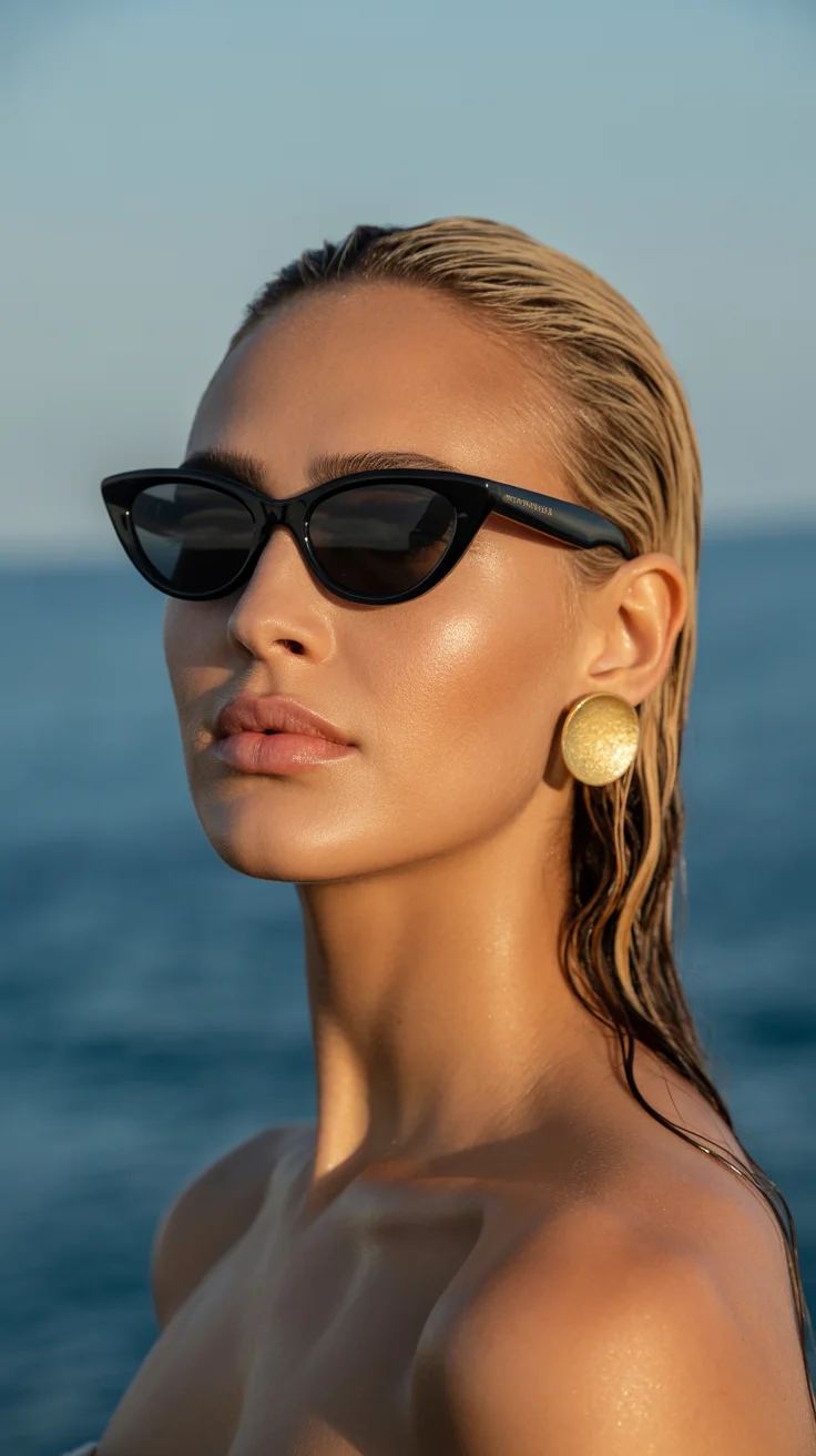 summer sunglasses for women 2026 Sleek Black Cat-Eye by the Water