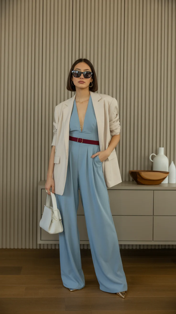 summer work outfits for the office 2026 Powder Blue Layers with a Bold Accent