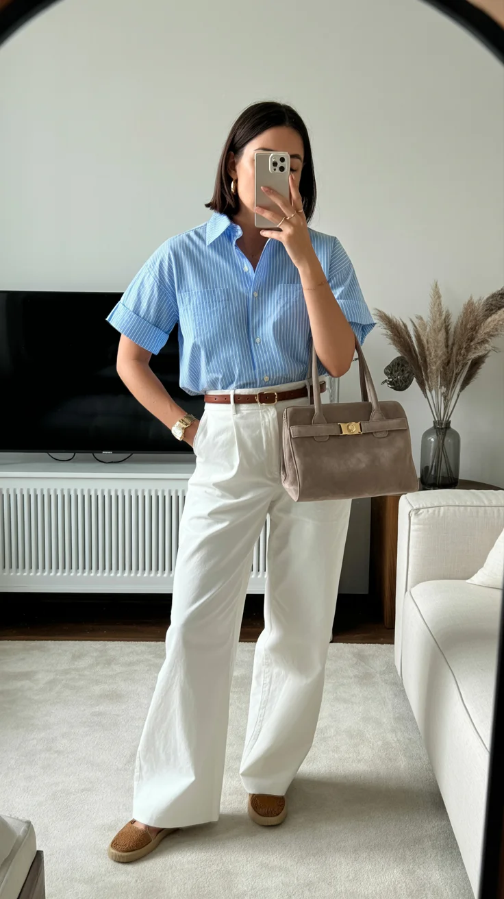 summer work outfits for the office 2026 Striped Shirt and White Trousers The Effortless Classic