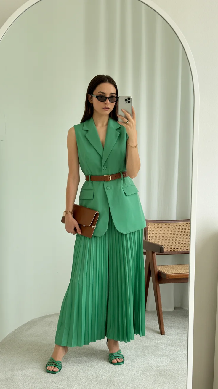 summer work outfits for the office 2026 Bold Green Statement with Structured Ease