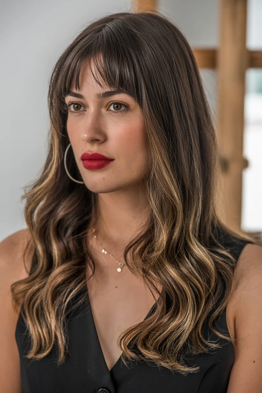 textured summer haircuts for long hair 2026 Soft Contrast Waves with Micro Fringe