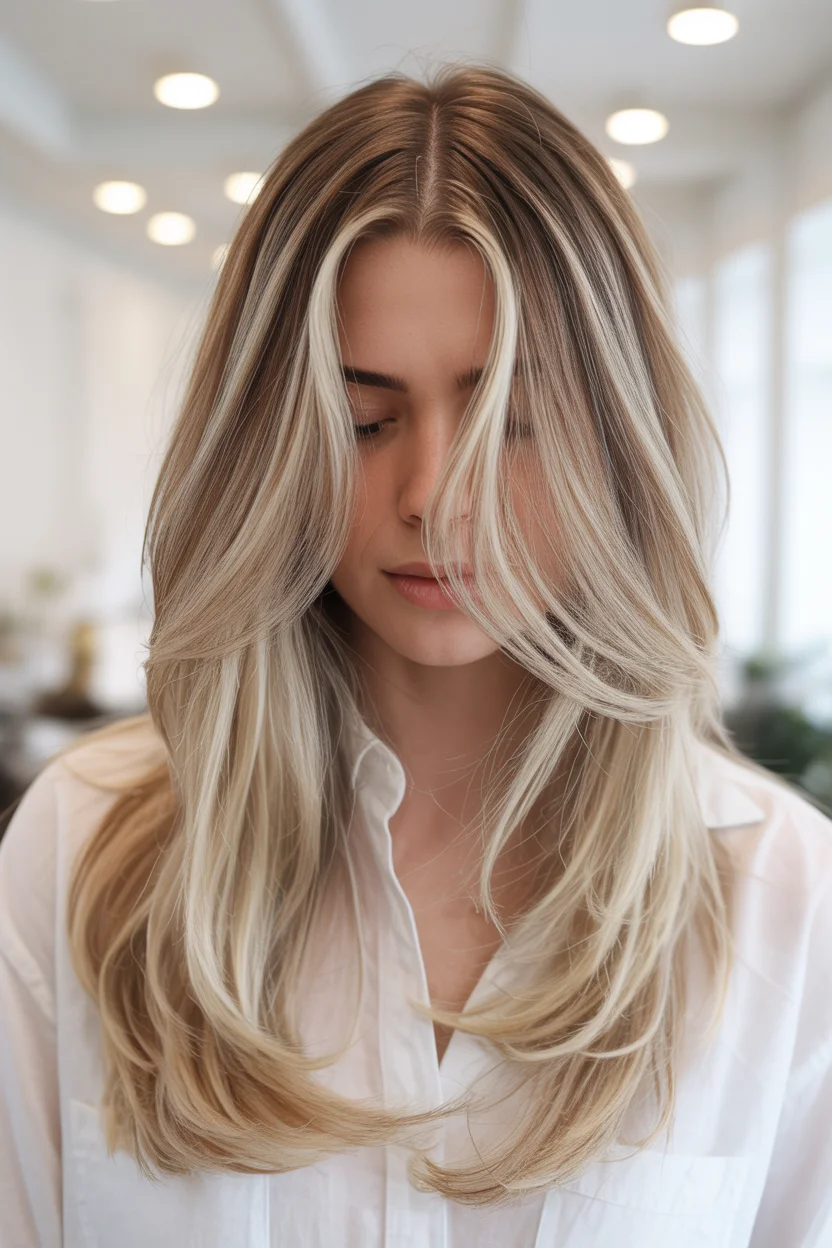 textured summer haircuts for long hair 2026 Bright Blonde Cascade with Seamless Layers