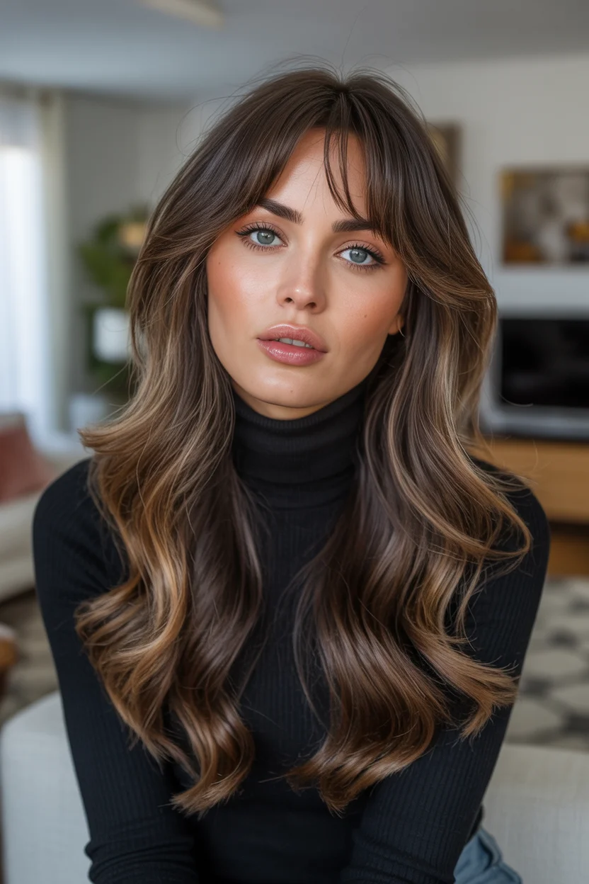 textured summer haircuts for long hair 2026 Soft Brunette Layers with Airy Curtain Fringe
